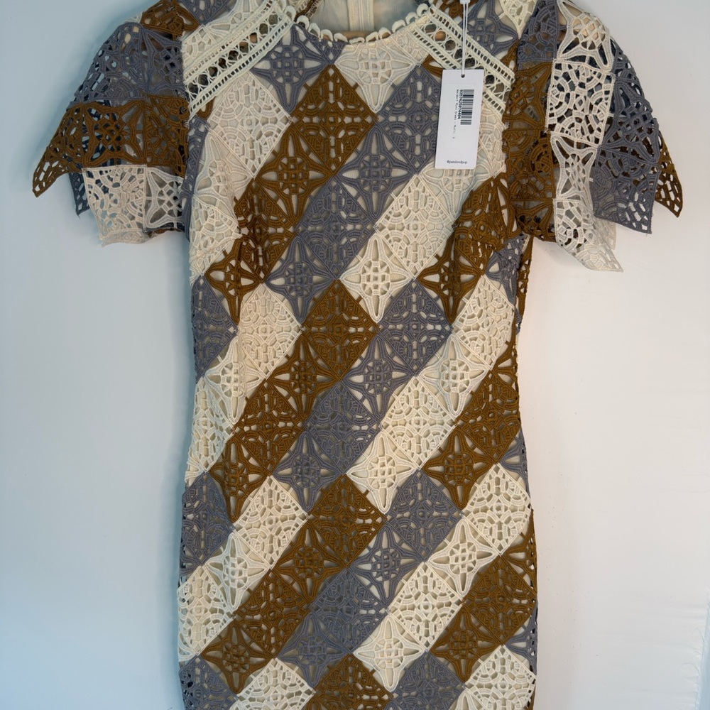 Just Me Patchwork Lace Dress in Cream, Gray, and Brown
